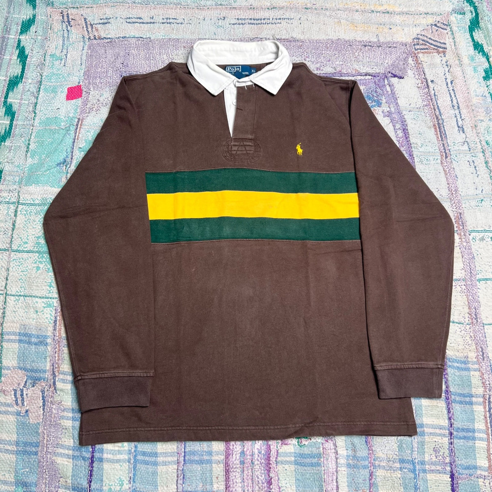 Polo Ralph Lauren Mens XL Brown Striped Rugby Sweatshirt Fleece Long Sleeve